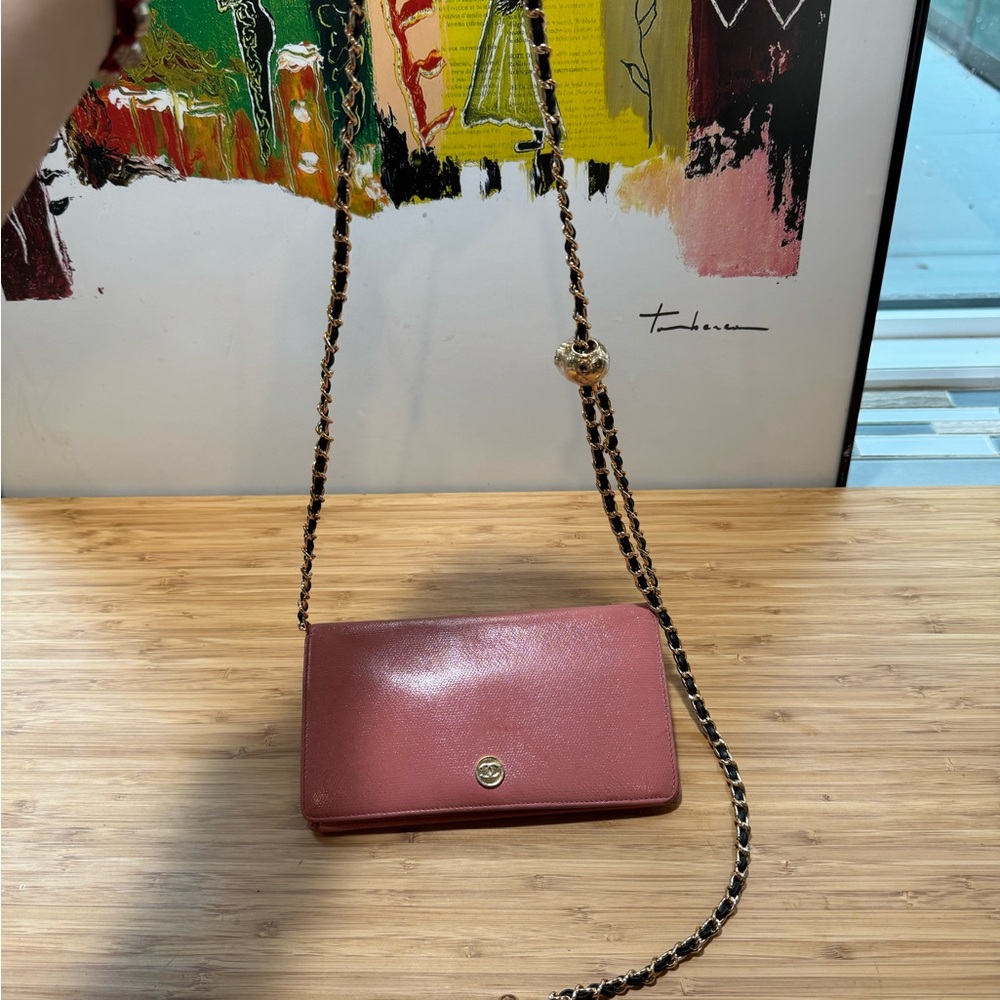 Chanel Pink Bifold Wallet with gold hardware CC logo and chain